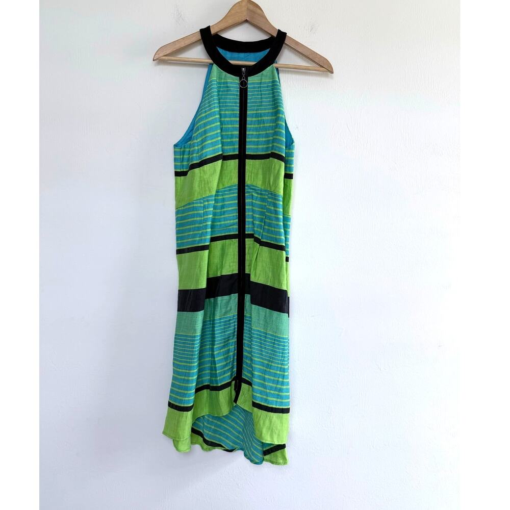 NANETTE LEPORE kiwi green blue striped Y2K Bogatelle linen blend hi lo dress - Picture 2 of 11